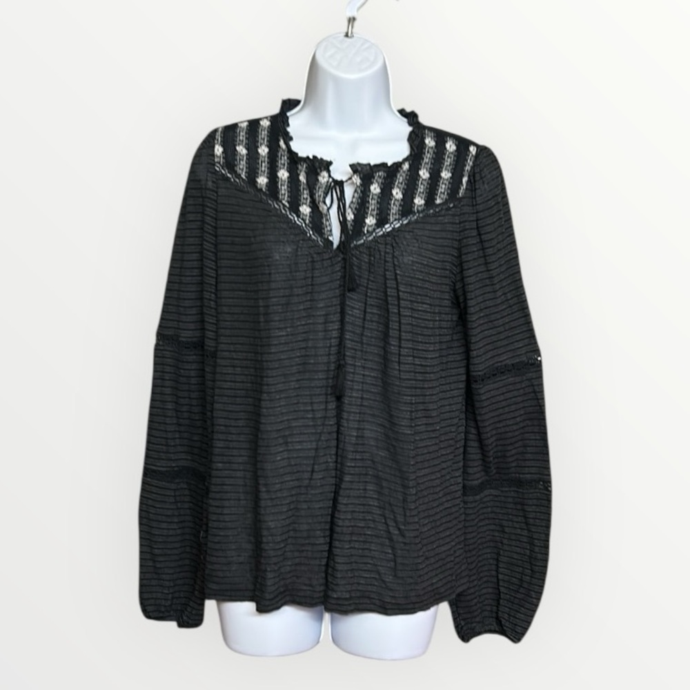 Lucky Brand Charcoal Striped Long Sleeve Lacy Detail Tassel Neck Top Size XS